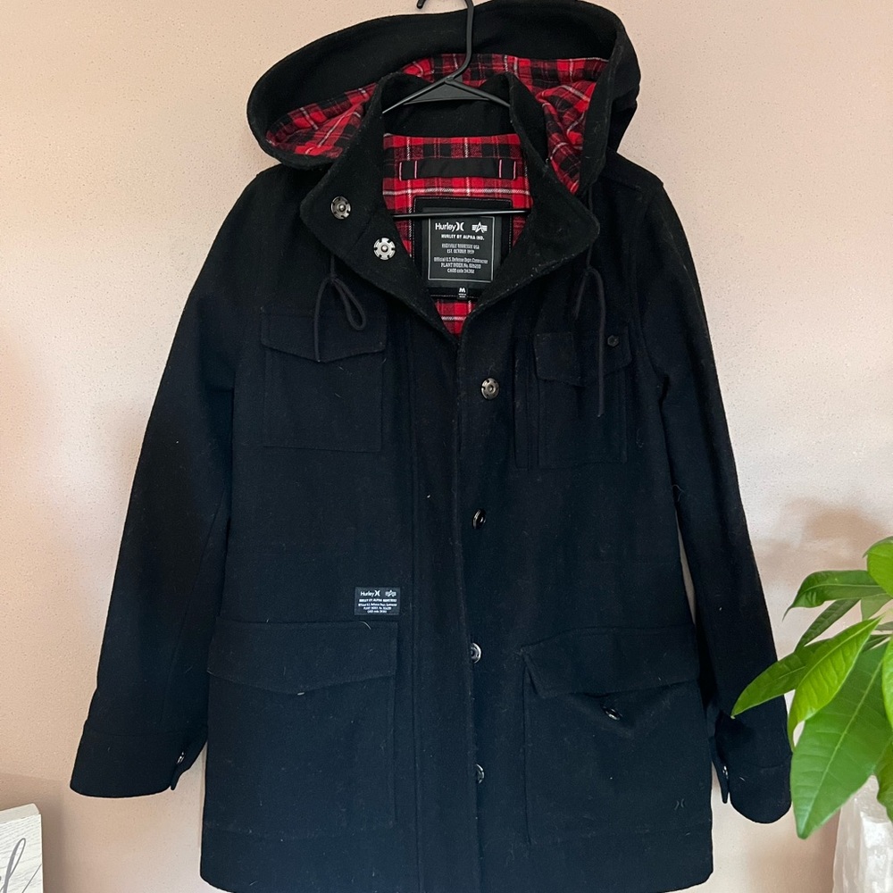 Hurley snap button zip up coat Jacket with removable hood